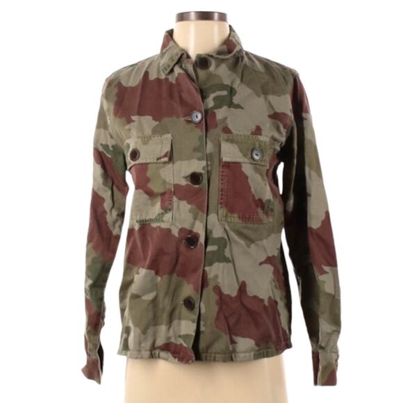 Zara TRF Utility Jacket Green Brown Camo‎ Button Front Military Women's S - Picture 1 of 12